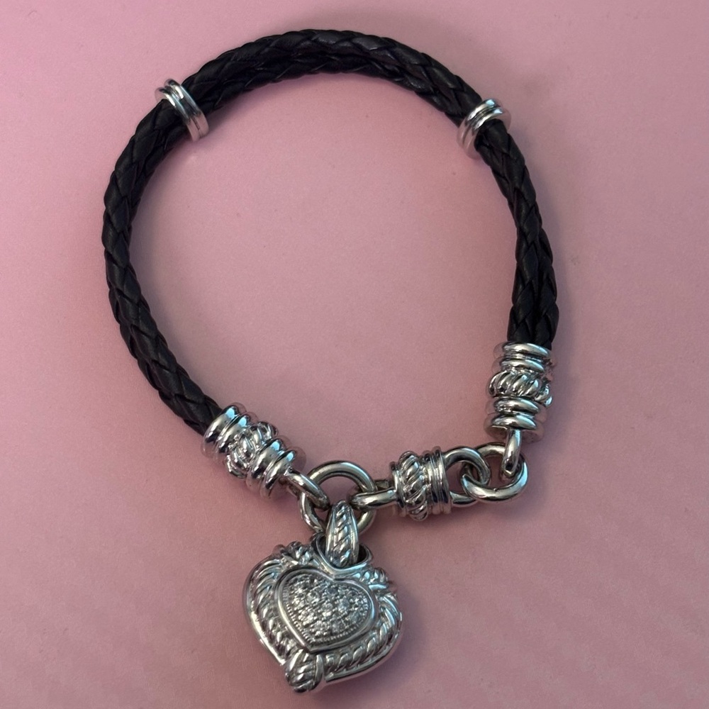 Judith Ripka 925 silver and CZ magnetic braided leather cord bracelet size 7.5